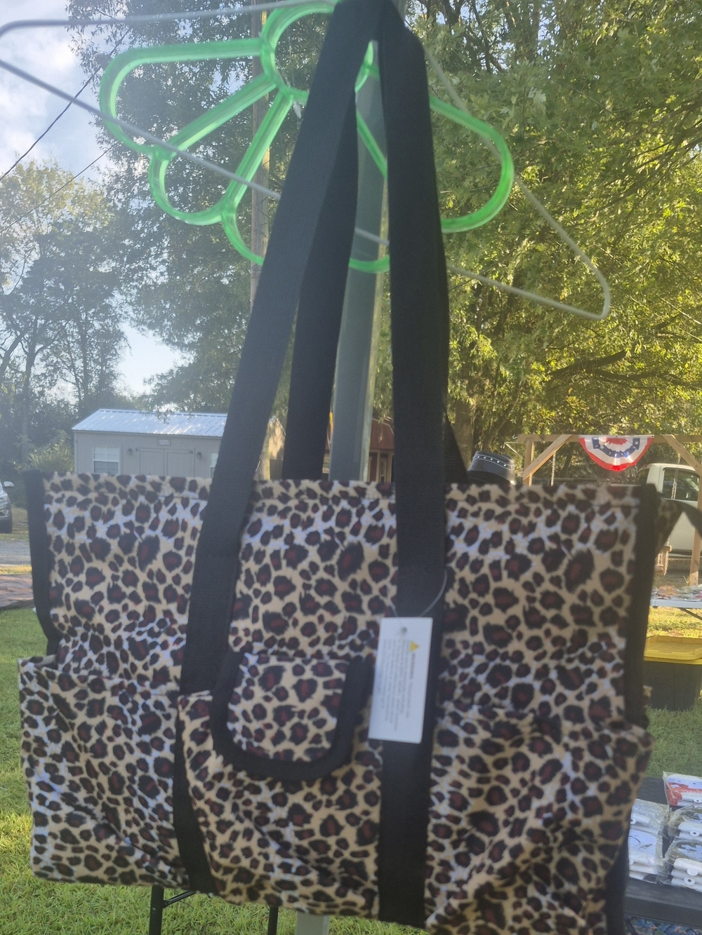 Leopard Print Tote Bag with Black Straps and Red Accents